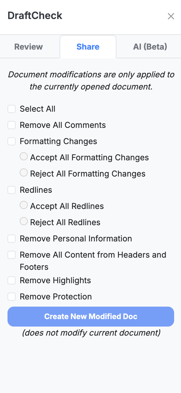 DraftCheck Share interface in Microsoft Word